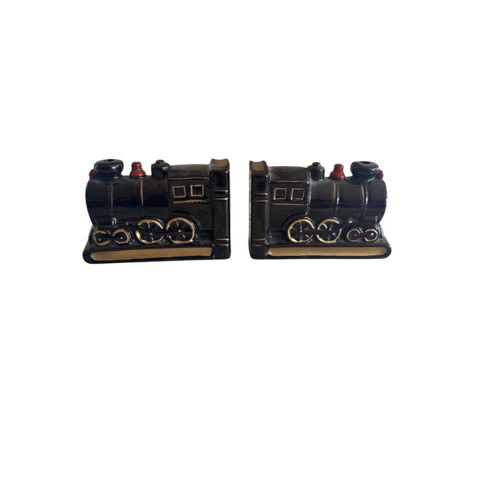 Vintage Japan Train Engine Ceramic Bookends Black &‎ Gold With Red Accents